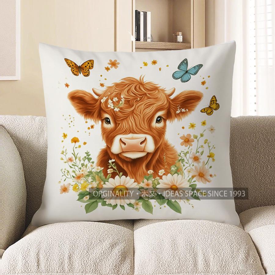 Home Decor Cute Highland Cow with Butterflies and Flowers Pattern Cushion Cover Suitable for Sofa Bedroom Car Pillow Cover