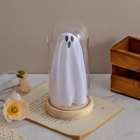 Halloween Indoor Ghost Decoration Light Up Ghost in Glass Cloche with Wood Base Cute Ghost Night Light for Home Kitchen Mantel Shelf Fireplace Decor