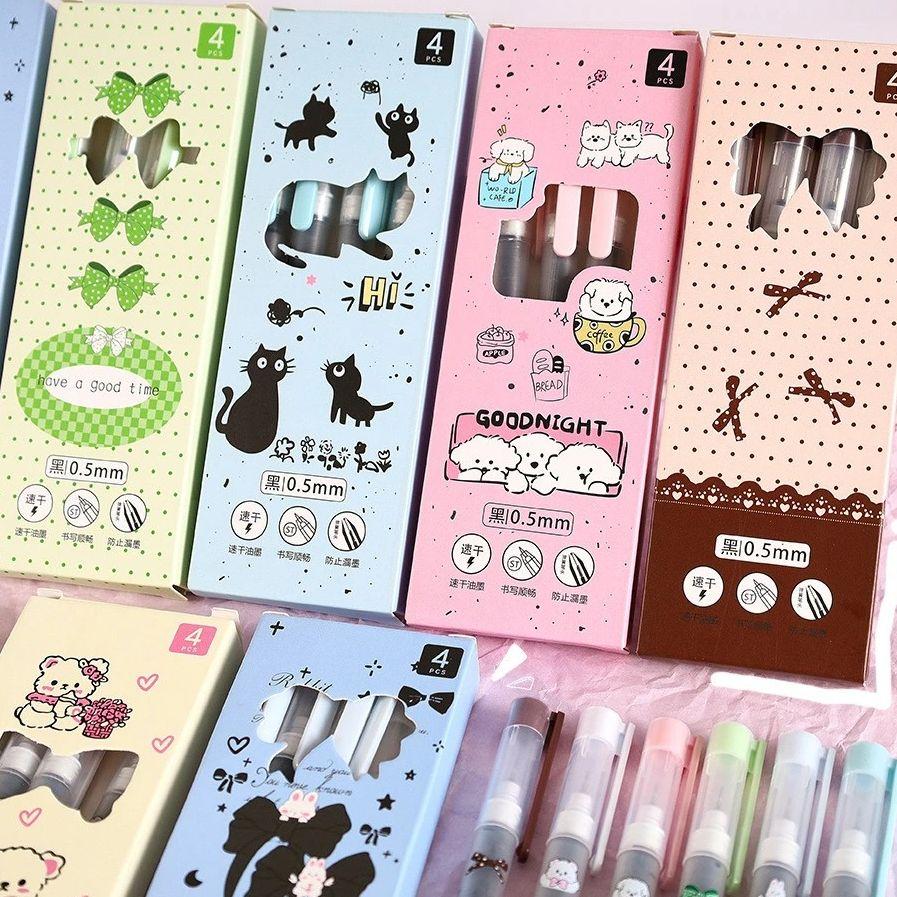 4Pcs/Lot Cute Cartoon Straight Liquid Type Ball Pens 0.5mm Black Drawing Gel Pen Signature Pen Student School Office Supplies