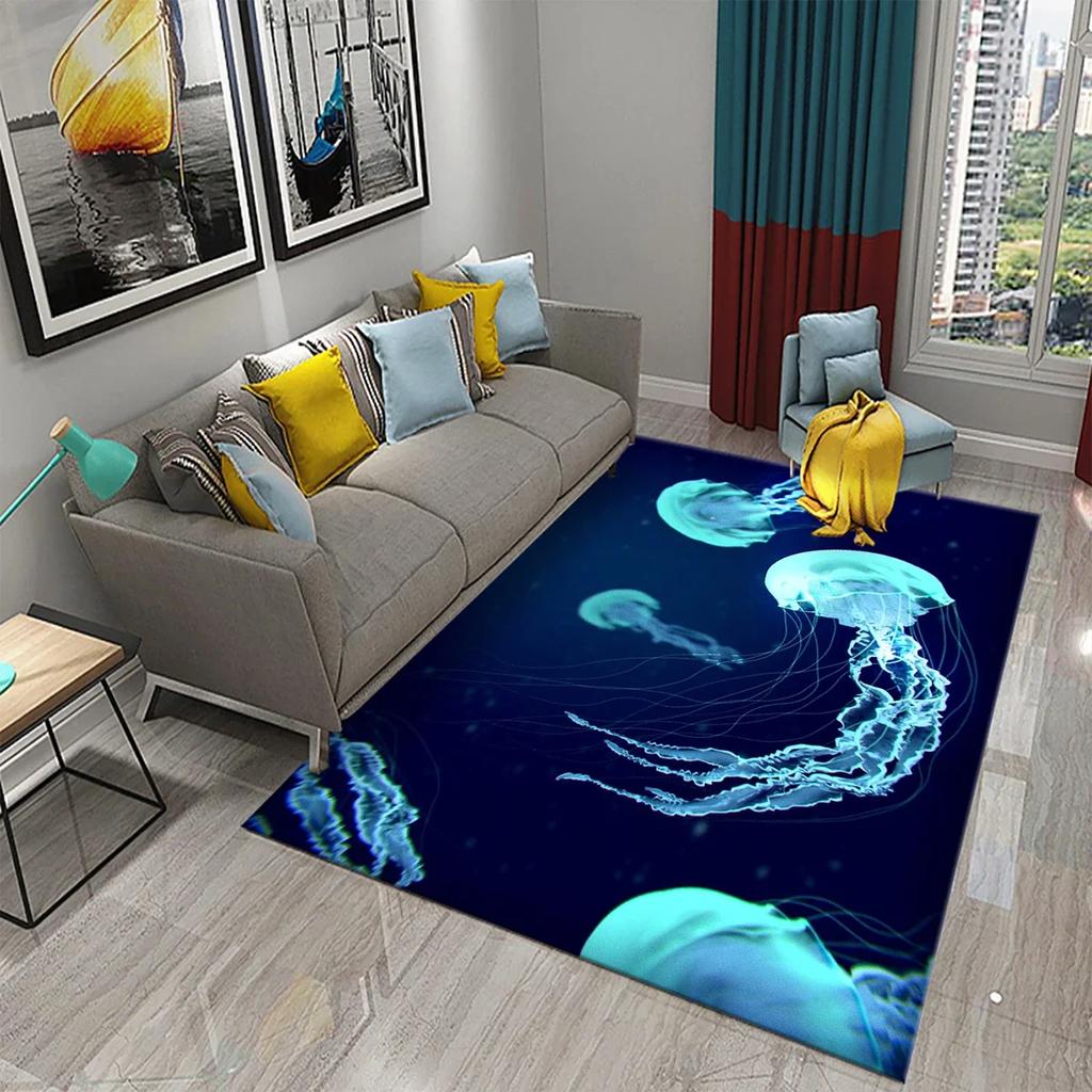 3D Jellyfish Pattern Carpet Marine Life Theme Rug for Bedroom Rug Living Room Bathroom Non-slip Mat Home Hotel Rug Kitchen Rugs