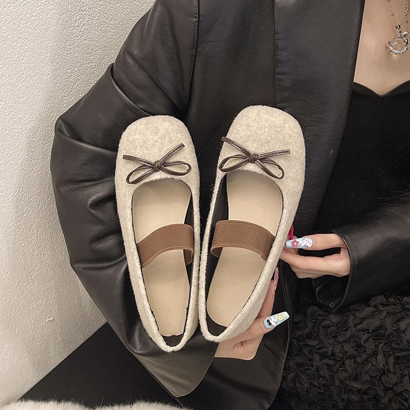 French retro light mouth bow with hairy single shoes women's 2025 new cute ballet shoes grandma shoes