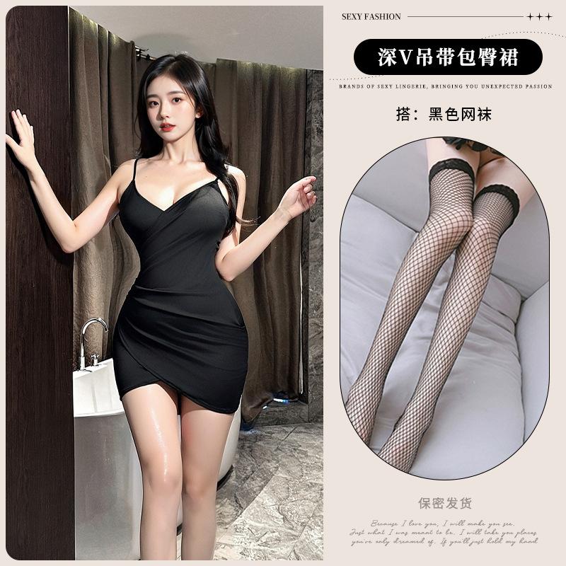 Low chest deep V neck waist thin hip skirt sexy suspender dress women