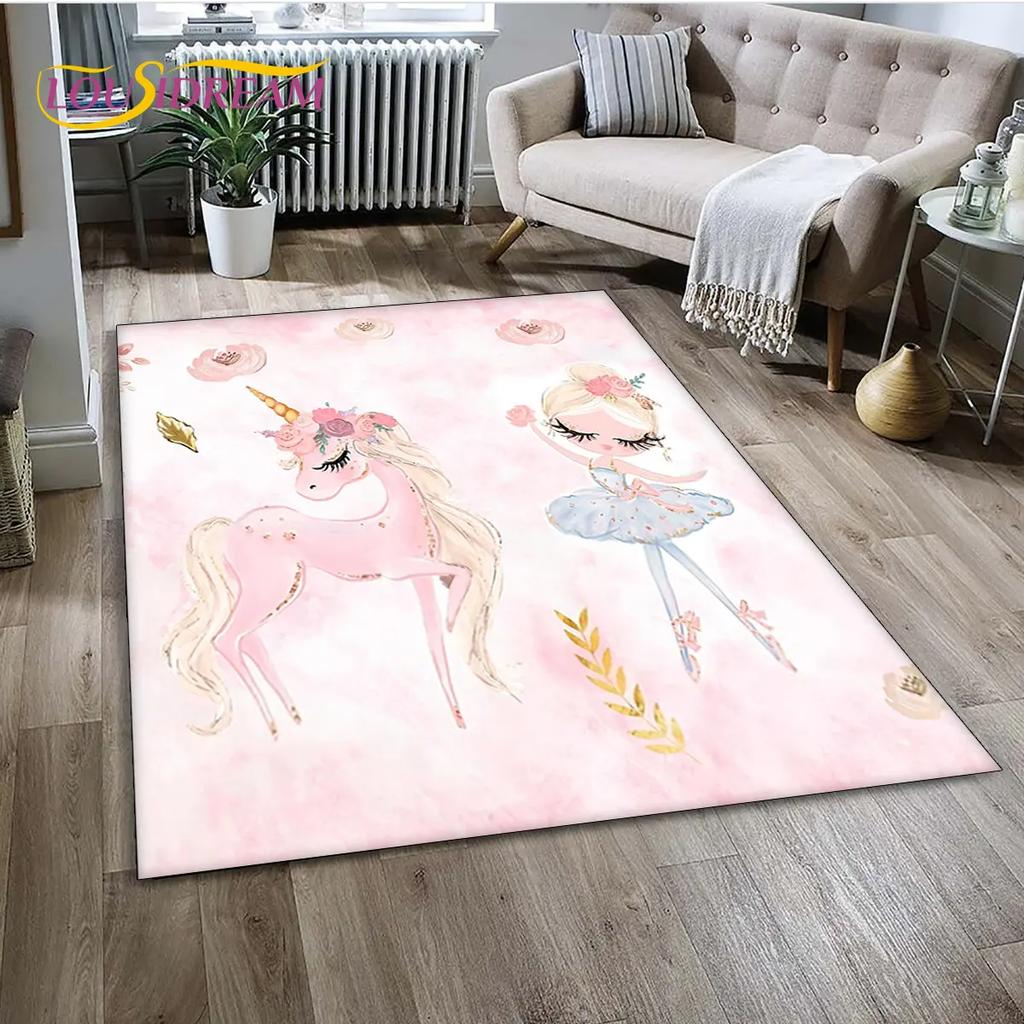 3D Cute Ballet Girl Ballerina Unicorn Cartoon Area Rug,Carpet for Home Living Room Bedroom Sofa Doormat Decor,Non-slip Floor Mat