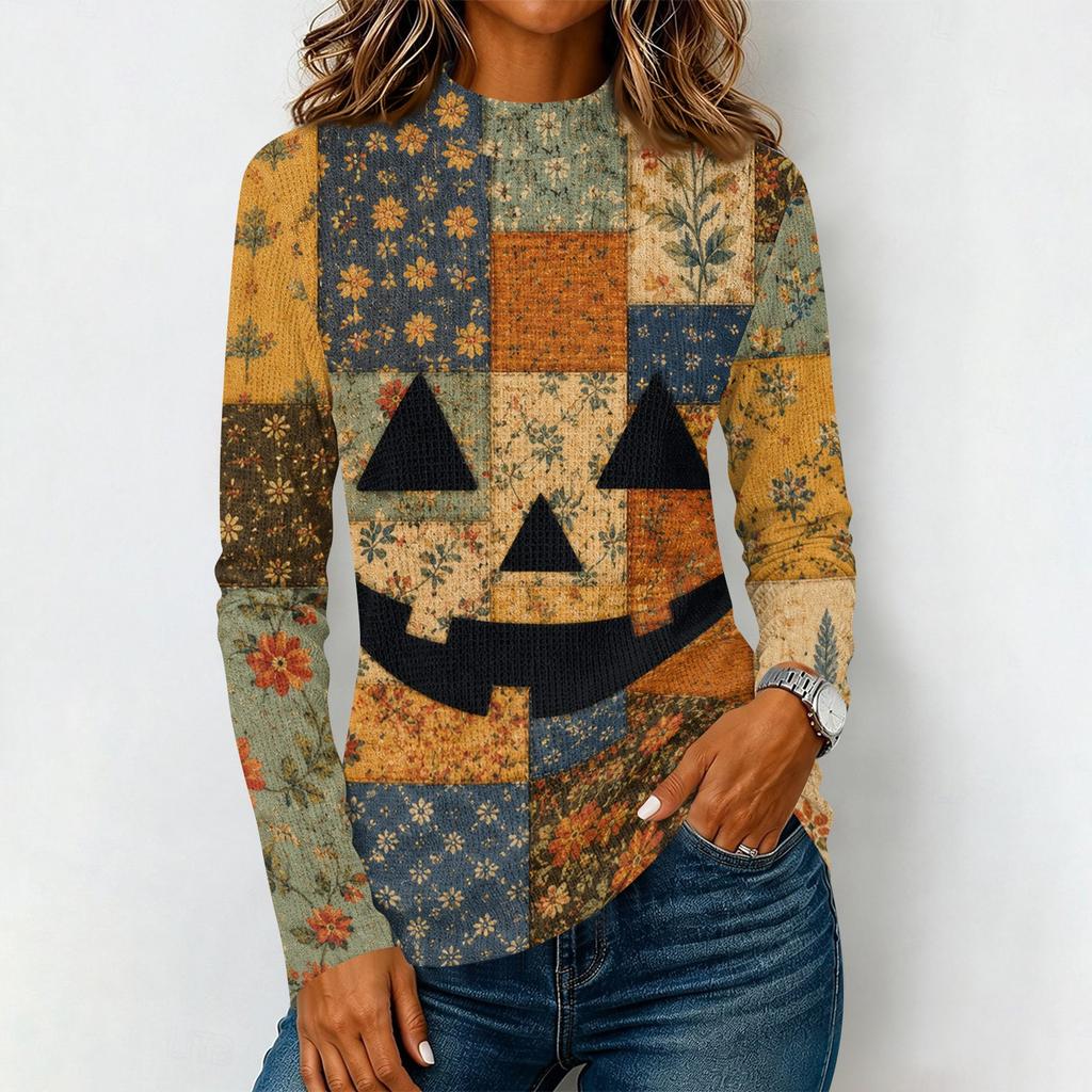 Damen Halloween Langarm T-Shirt Strick Lässig Rundhals Pullover Top