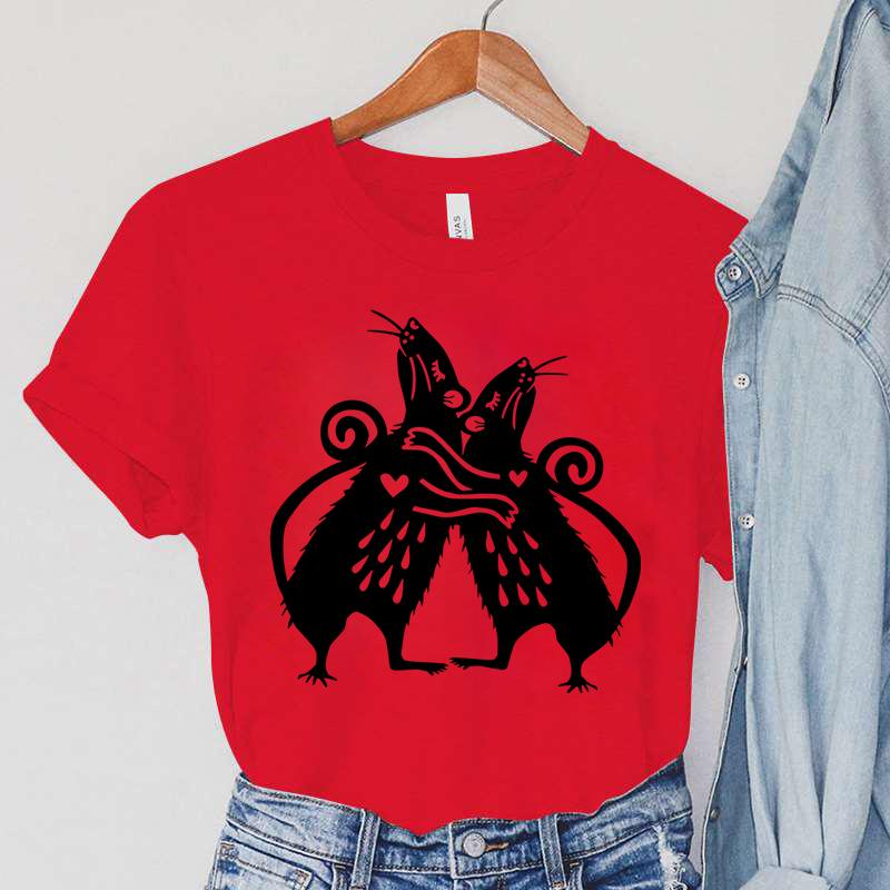 Ratte Damenbekleidung Cartoon Tier Lässige Damen T-Shirts Ratten Umarmen Print Mode T-Shirts Sommer Vintage Ratte Damen T-Shirts