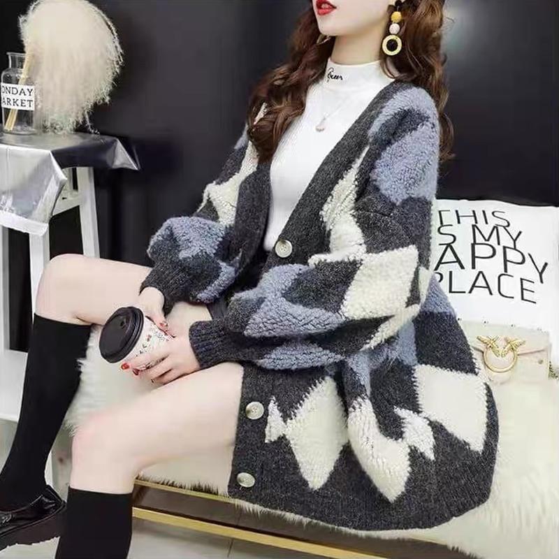 Elegant Fashion Argyle Knitted Sweater Jacket Women Autumn New Long Sleeve Winter Loose Woman Cardigans Sweaters Vintage Plus Size Knitwear Coat 24929