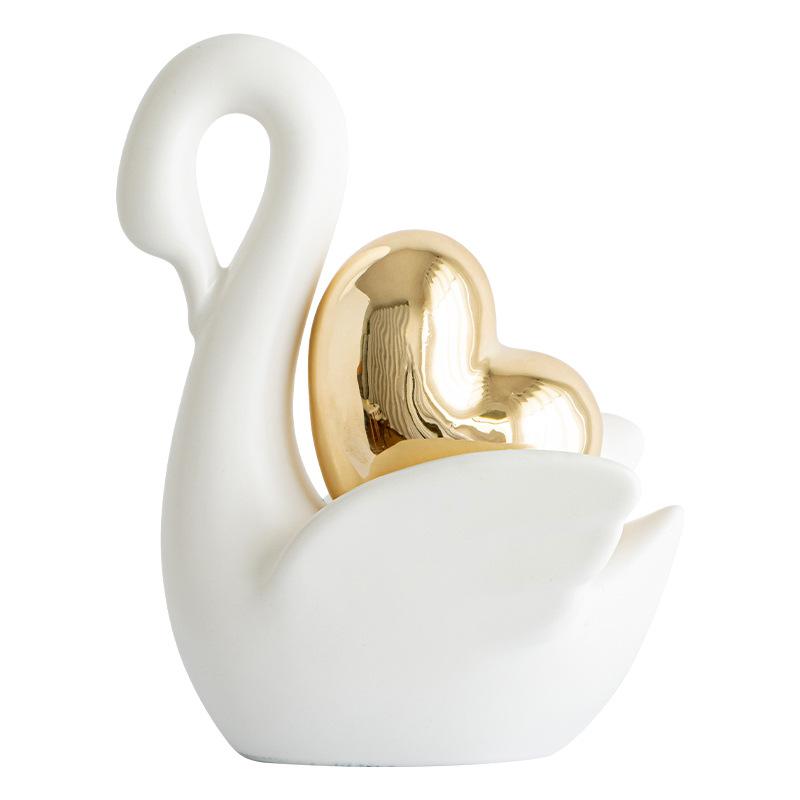 Love Couple Swan Ornament Ceramic Crafts Golden Love Sculpture White ceramic swan figurine  TV cabinet Home decor accessories