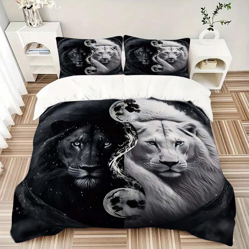 3pcs Anime Lion Yin Yang Moon Comforter Set with One Quilt Cover and Two Pillowcases (No Core) - Home Decor, Festival Gift, Polyester Fabric, Suitable