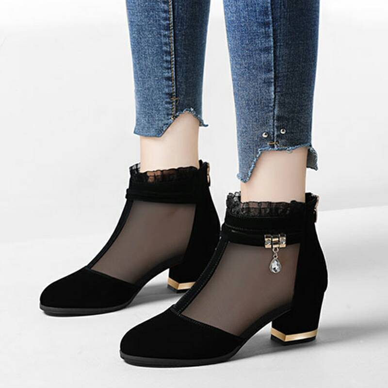 Mesh Women's Shoes Medium Heel Shoes Women's Thick Heel Short Tube Women's Boots Women's Shoes Spring and Autumn New Black Shoes Women's Shoes Women