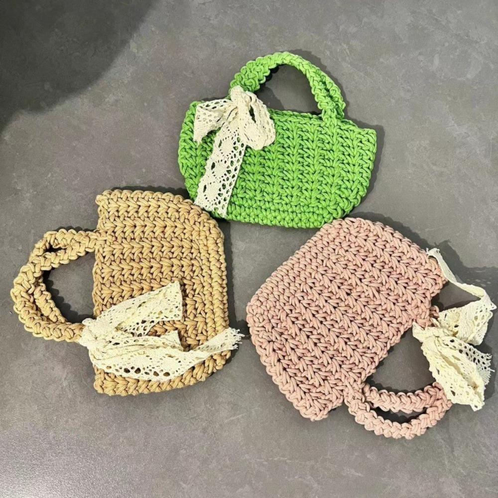 Lace Bowknot Beach Straw Bag Large Capacity Bucket Bag Trendy Braided Underarm Bag  Travel