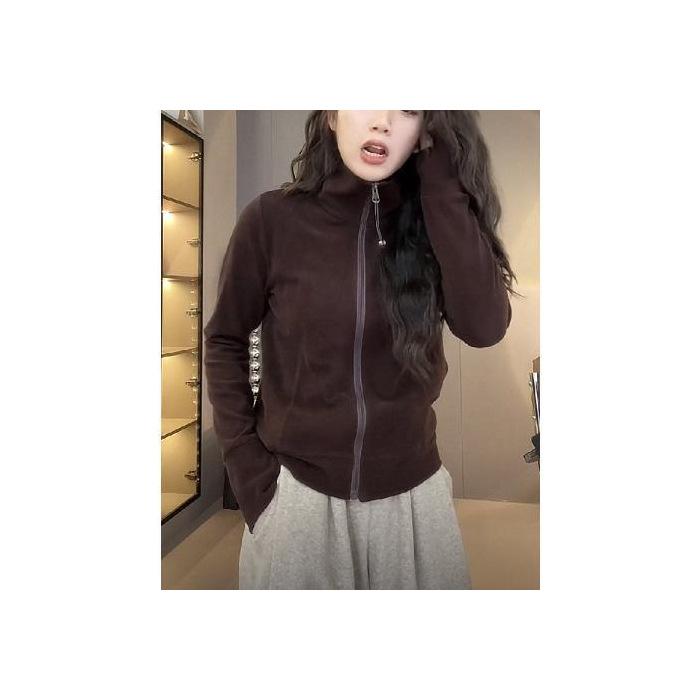 Осень и Зима Универсальный Женский Свитер с Темпераментом Однотонный Топ на Молнии Модный Повседневный Универсальный Кардиган Куртка 3XL темно-коричневого 2440₽