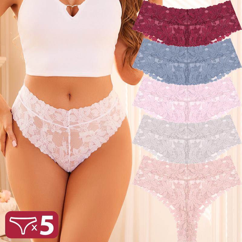 

FINETOO 5Pcs Lace Sexy Thongs Women Low-Rise Briefs Sexy Soft Ladies Underwear Trendy Floral Underpants Female Panty Lingerie XXL