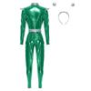 S-3XL Womens Alien Robot Astronaut Cosplay Jumpsuit with Headwear Long Sleeve Full-body Metallic Shiny Unitard for Halloween Theme Party