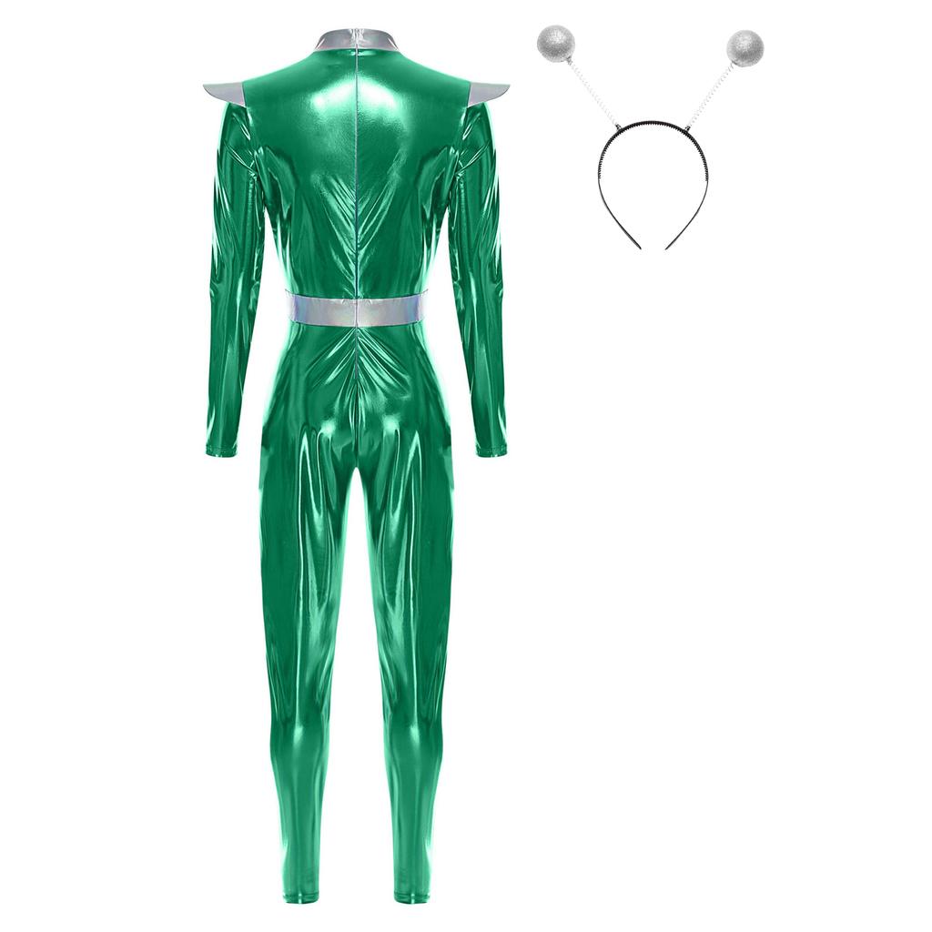 S-3XL Womens Alien Robot Astronaut Cosplay Jumpsuit with Headwear Long Sleeve Full-body Metallic Shiny Unitard for Halloween Theme Party