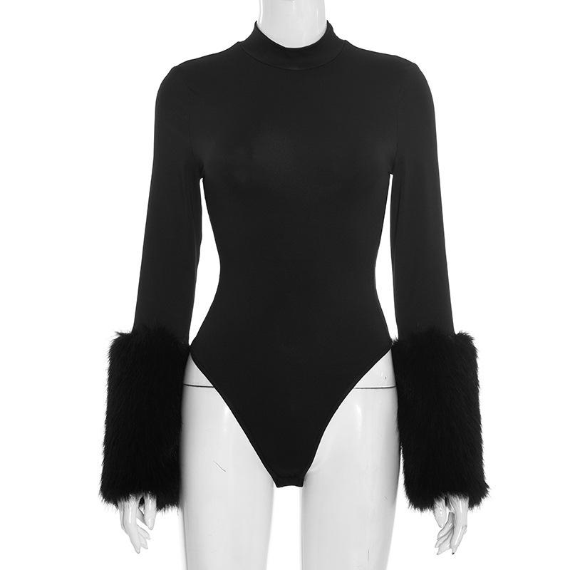 

Autumn Women s Sexy Patchwork Fur Sleeve Solid Color Tight Jumpsuit XL