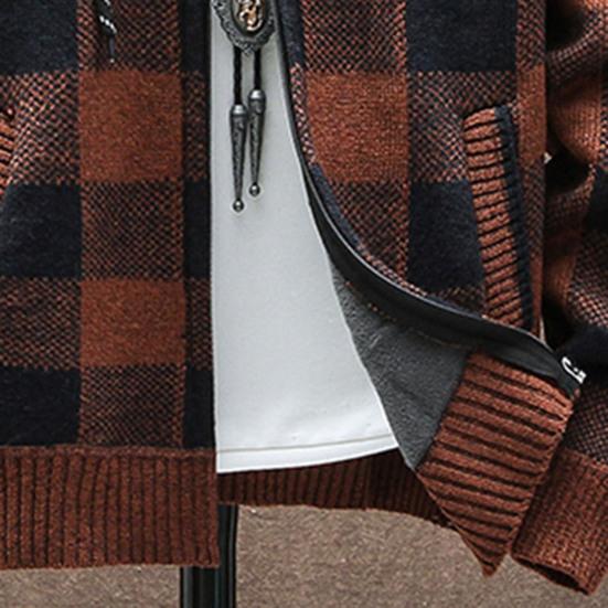Herbst Winter Herren Mantel Reißverschluss Strick Langarm Dicker Plüsch Kariert Print Kapuzen Oberbekleidung Locker Doppeltaschen Täglich Sport Outdoor Arbeit Hoodie