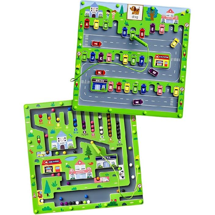 2 in 1 Magnetic Color and Number Maze Magnet Alphabet Counting Car Puzzle Double Sided Board Fine Motor Skills Montessori Educational Preschool Toys One Size