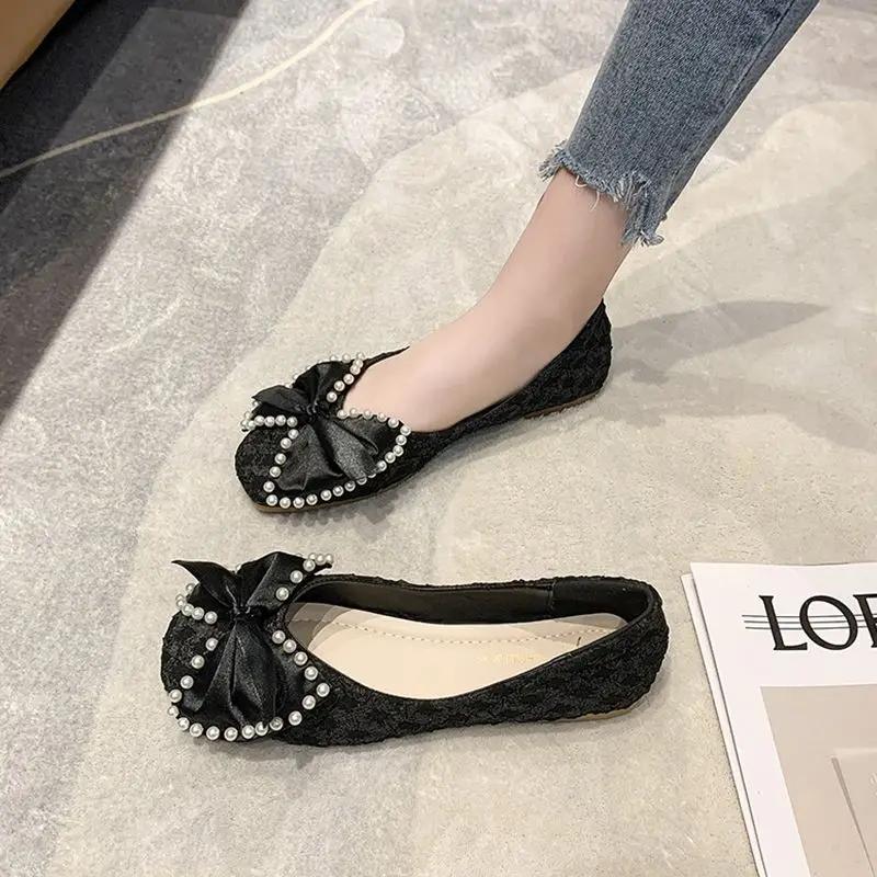 Fashion Pearl Black Woman Flats Shallow Anti-slip Evening Elegant Dress Shoe Comfortable High Quality Fashion Spring 39 Shoes for Women