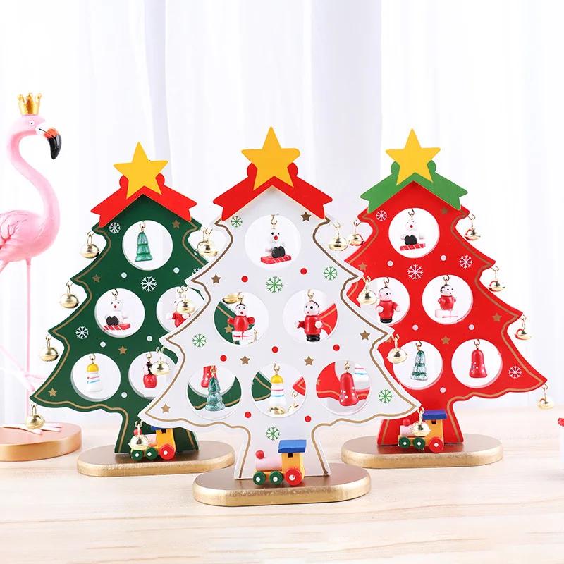 Holiday Tabletop Decor Carved Wood Xmas Tree 6 Hole Centerpiece for Mantel Scene Christmas Village Diorama Craft Ornament