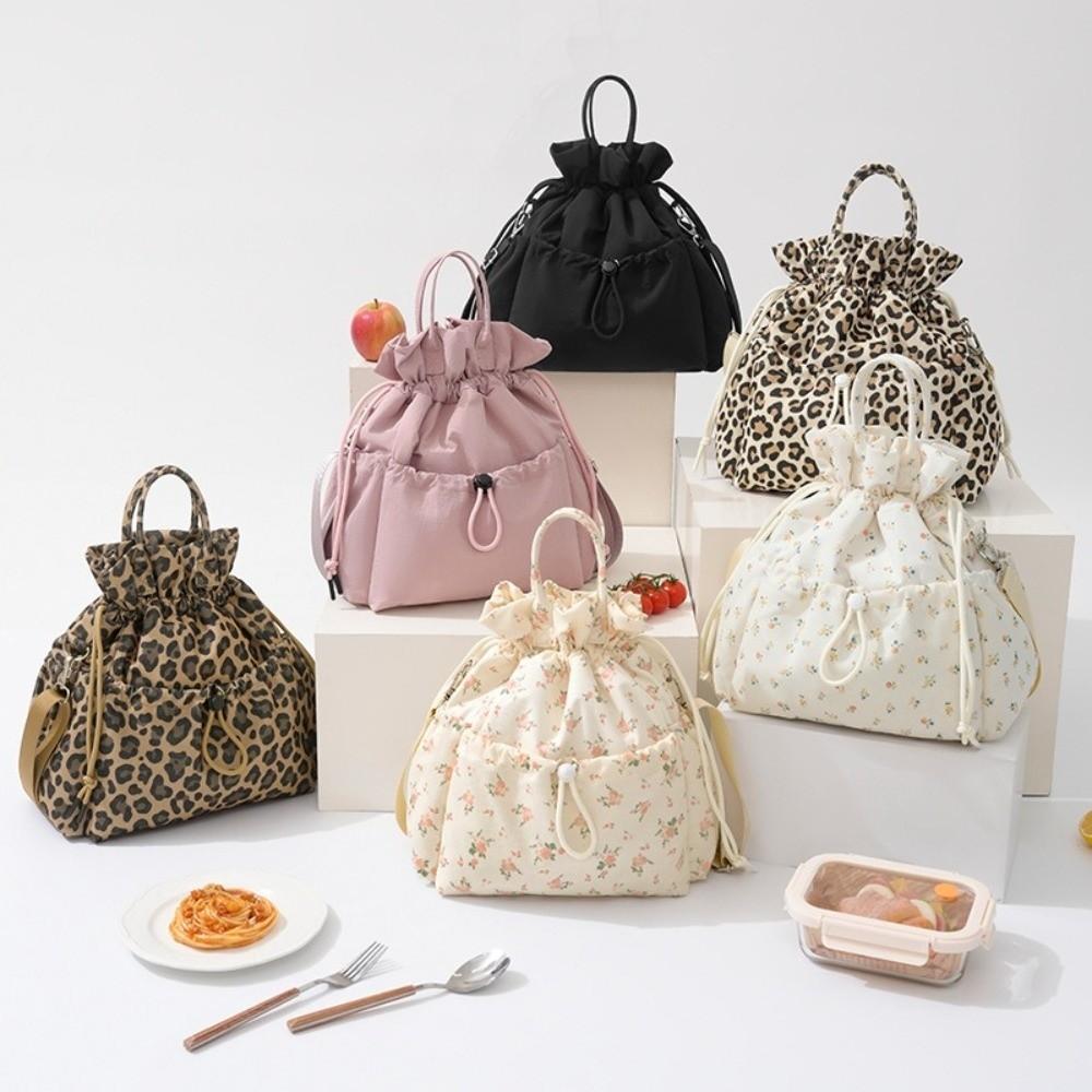 Large Capacity Drawstring Insulated Lunch Bag Floral Leopard Print Meal Container Bag  Picnic