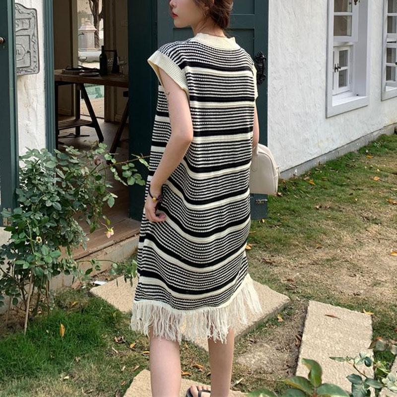 Striped Knitted Sweater Sleeveless Long Skirt Summer Vest Lazy Style Bottoming Up with Suspender Tassel Dress