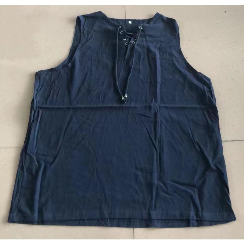 

Хлопковые льняные рубашки, мужские повседневные безрукавные жилеты, бандажная блузка на шнуровке в стиле ретро, ​​модная свободная рубашка с v-образным вырезом, мужская однотонная одежда XXXL темно-синий