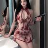 Erotic Lingerie, Sexy and Hot Cheongsam, Ancient Style Butterfly Flower, See-through Mesh, Lace-up Uniform, Pajamas for Women 8196