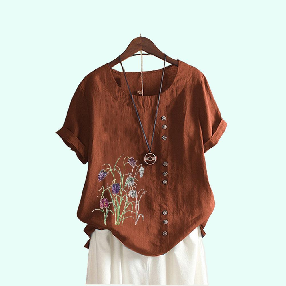 Ladies Flower Print Casual Round Neck Blouses Summer Short Sleeve Plus Size Pullover Loose T-shirt