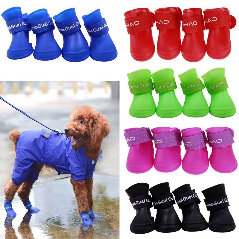 4Pcs Four Legs Waterproof Silicone Anti Slip Pet Shoes Wear-resistant Rain Shoes Soft Sole Jelly Color
