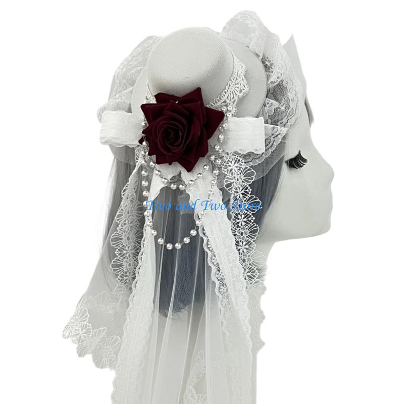 HX6F Creative Rose Flower Hairpin Top Hat Chain Headwear Gothic Sweet Halloween Party Gift Cosplay Costume Decoration
