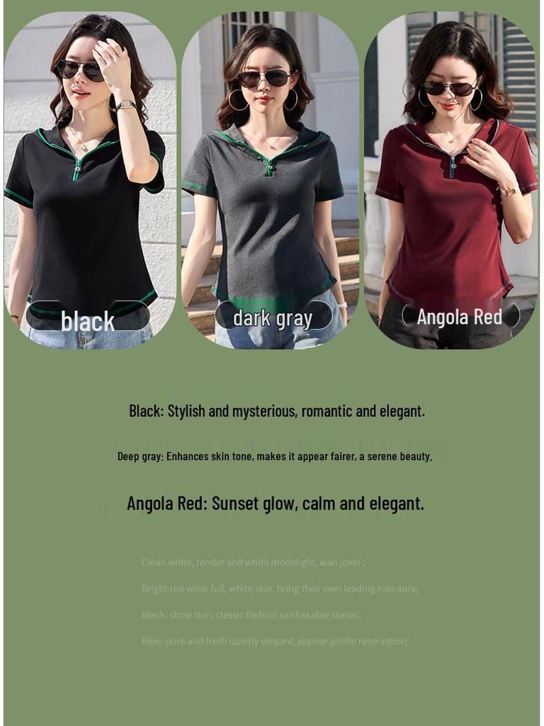 Women's Slim Fit Hooded Short Sleeve Zipper T-shirt - New Korean Style 2026, Solid Color Fashionable Top