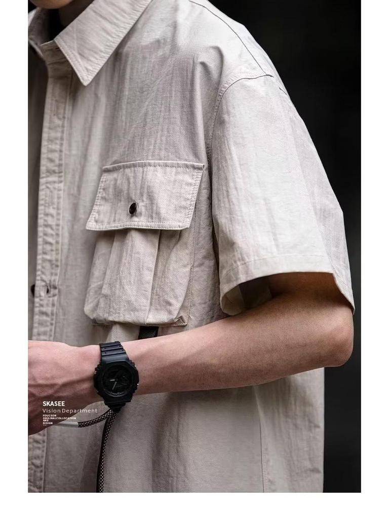 Men's Japanese Style Solid Color Short-Sleeve Workwear Shirt with Large Pocket