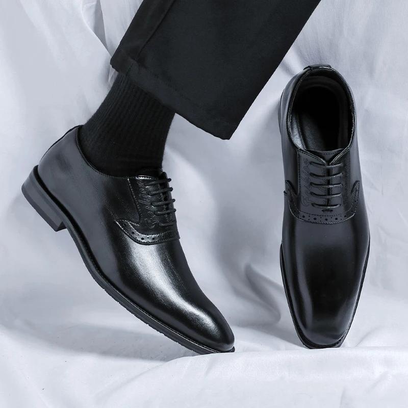 Men Wedding Dress Shoes Fashion Leather Shoes Pointed Lace-up Oxfords Business Shoe Formal Black Brogue Shoes Men Footwear