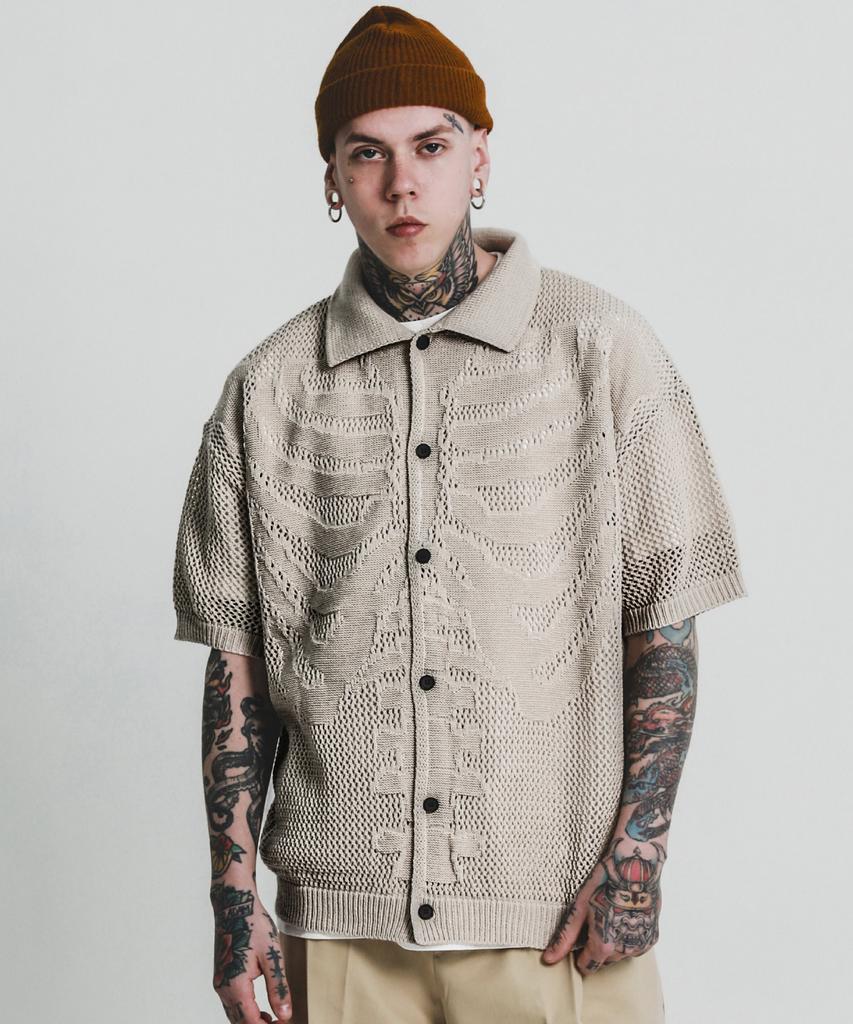 Stage Name Skeleton Short Sleeve Knit Shirt Cardigan_Sand Beige