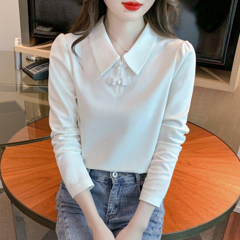 

Женская футболка с длинным рукавом на флисовой подкладке в китайском стиле с воротником поло - Осень/Зима 2024 S