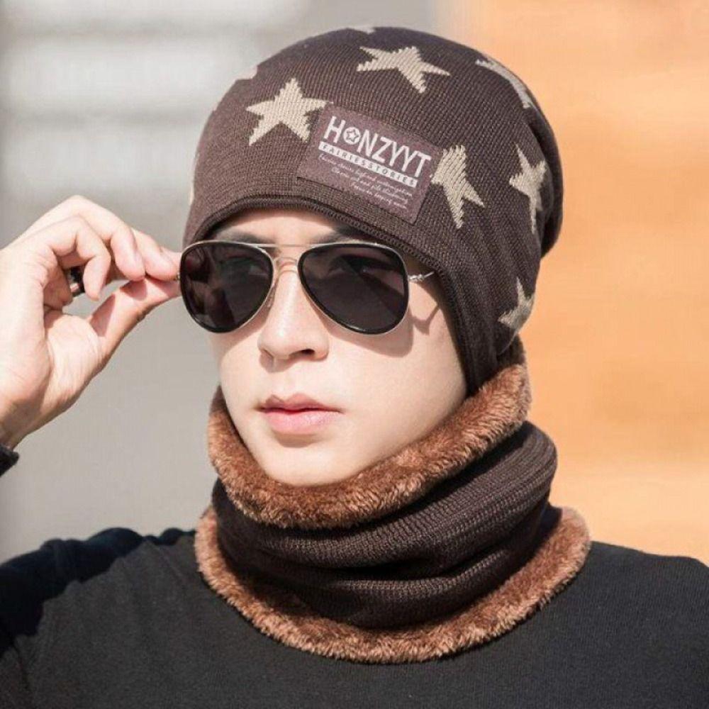 Plush Men's  Beanie Cap Star Neck Scarf  Hat Fashion Winter Hat Scarf Set  Female/Male