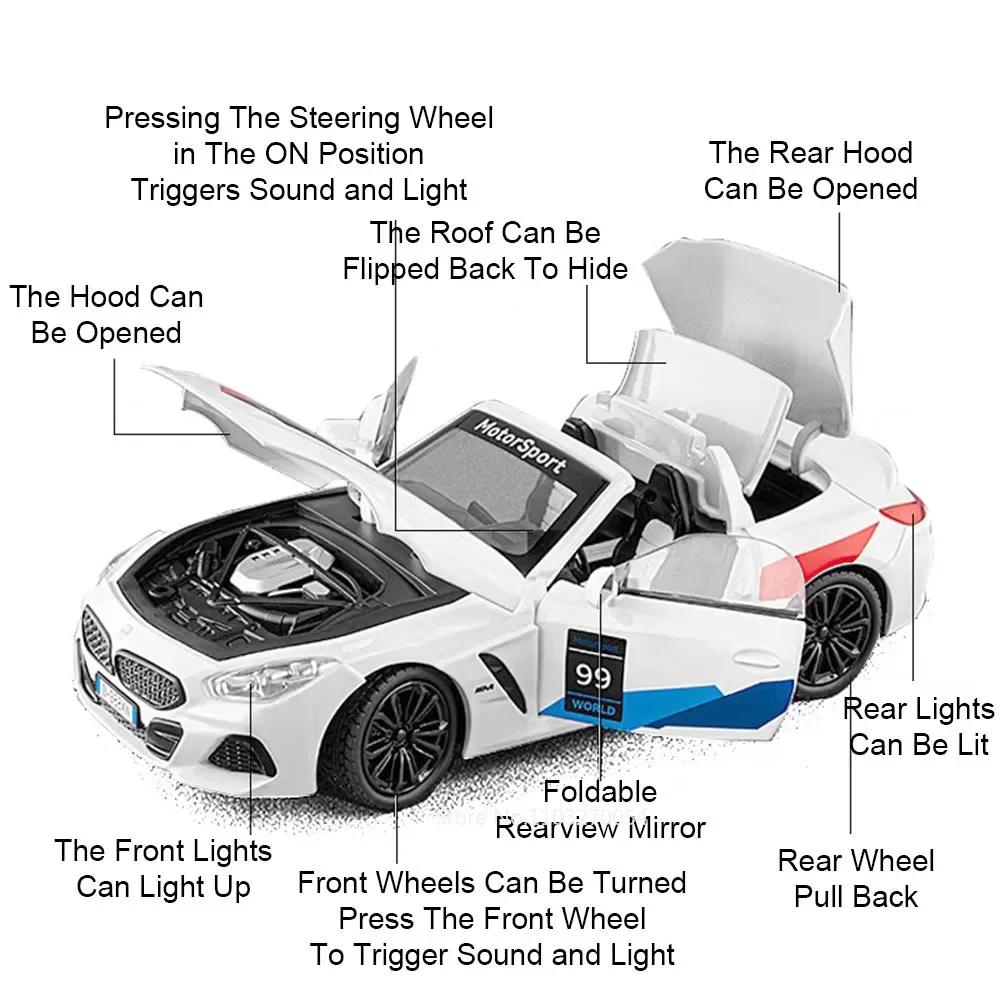 1:22 Shelby Cobra 427 Z4 Toys Sports Cars Models Pull Back Light Music Miniature Car Doors Opened Vehicle for Kid Festival Gifts