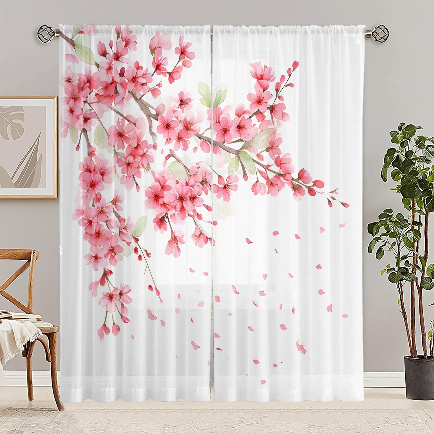 

2 шт. штор с принтом цветущей сакуры, полиэстеровая ткань, машинная стирка, подходят для украшения спальни и гостиной 53x116cm &2pc
