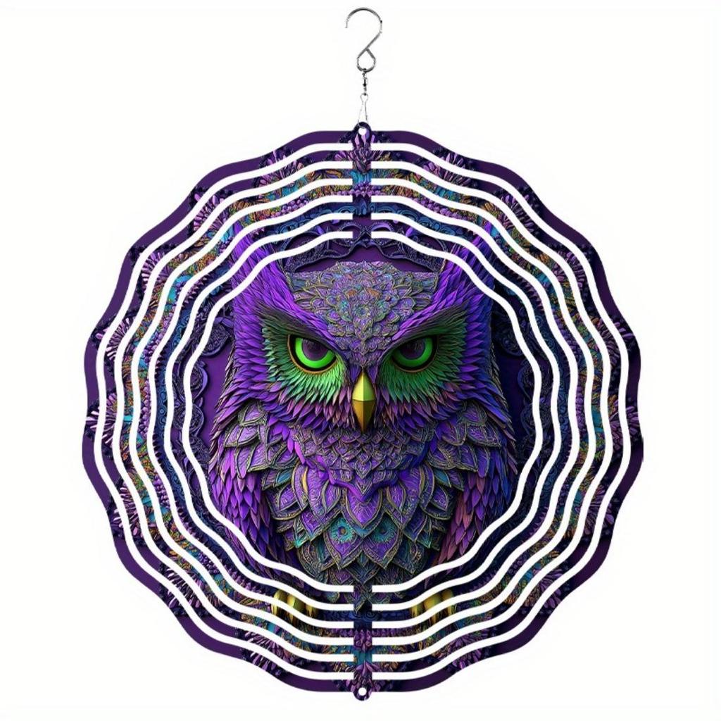 Vibrant 10-Inch Owl 3D Mandala Wind Chime - Colorful, Rotating Design for Outdoor Decor, Battery-Free Operation, Ideal Gift for Family & Friends