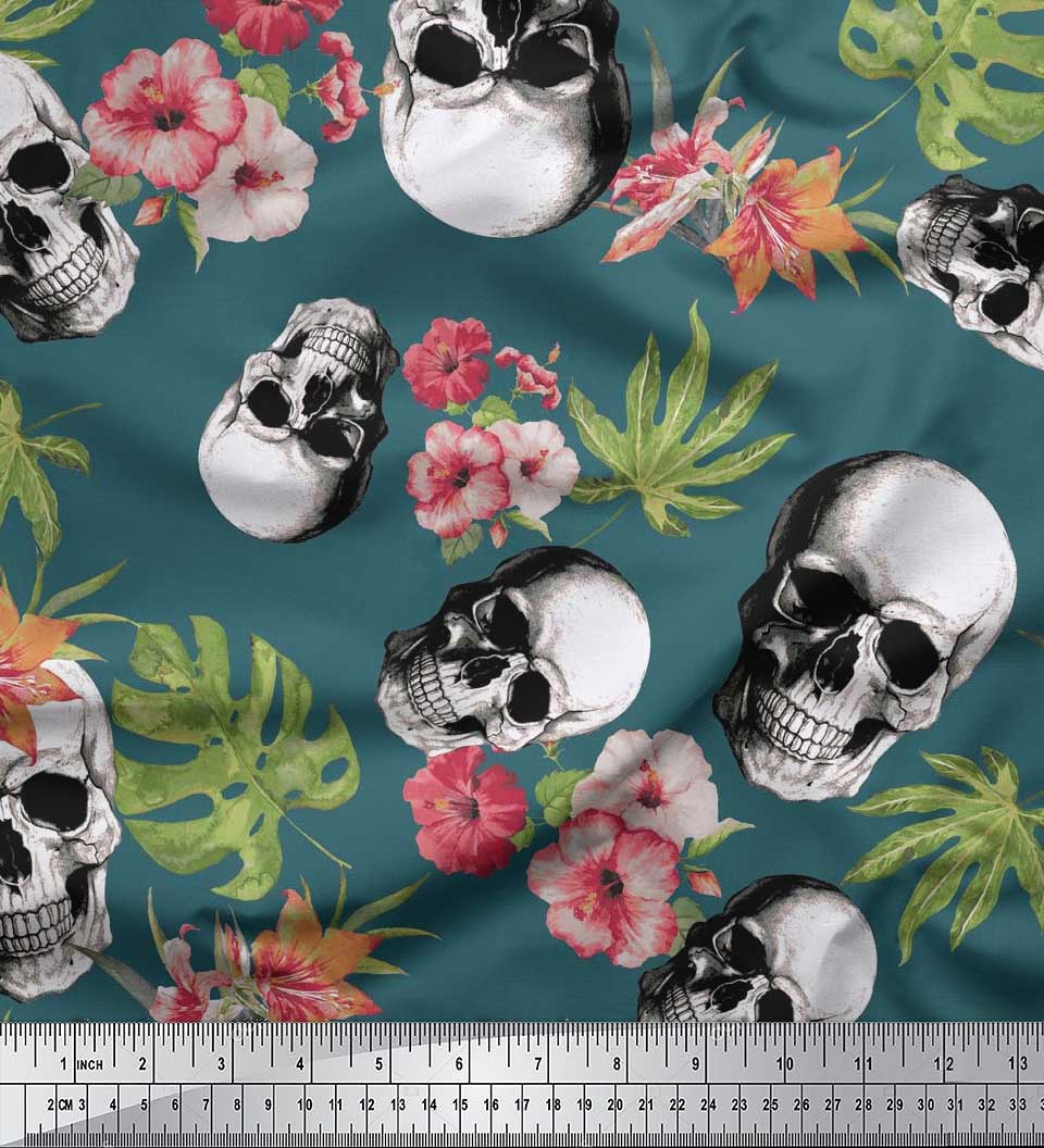 

Тканина Soimoi Japan Crepe Satin Leaves Monstera, Floral & Horror Skull Halloween Print Тканина на метр 42 дюйма 42 Inch Wide - Poly Crepe зелений