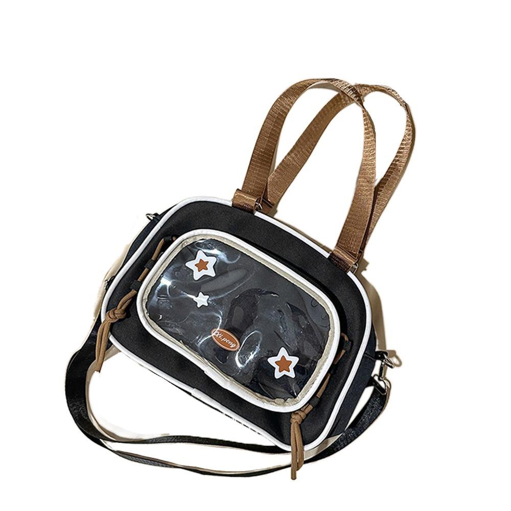 

Funny Transparent Pocket Backpack Nylon Badge Display Shoulder Bag Cream Color Ita Bag Travel Black without Doll