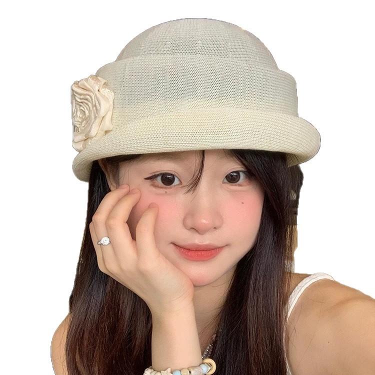 Hepburn Style Camellia Fisherman Top Hat Female Spring And Summer Elegant Japanese Linen Beret Showing Face Small French Pot Hat Thin