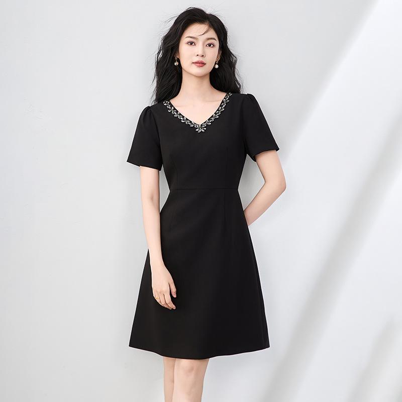 V-Neck Rhinestone Short Sleeve Dress - French Style, High-Quality Women's Summer Fashion