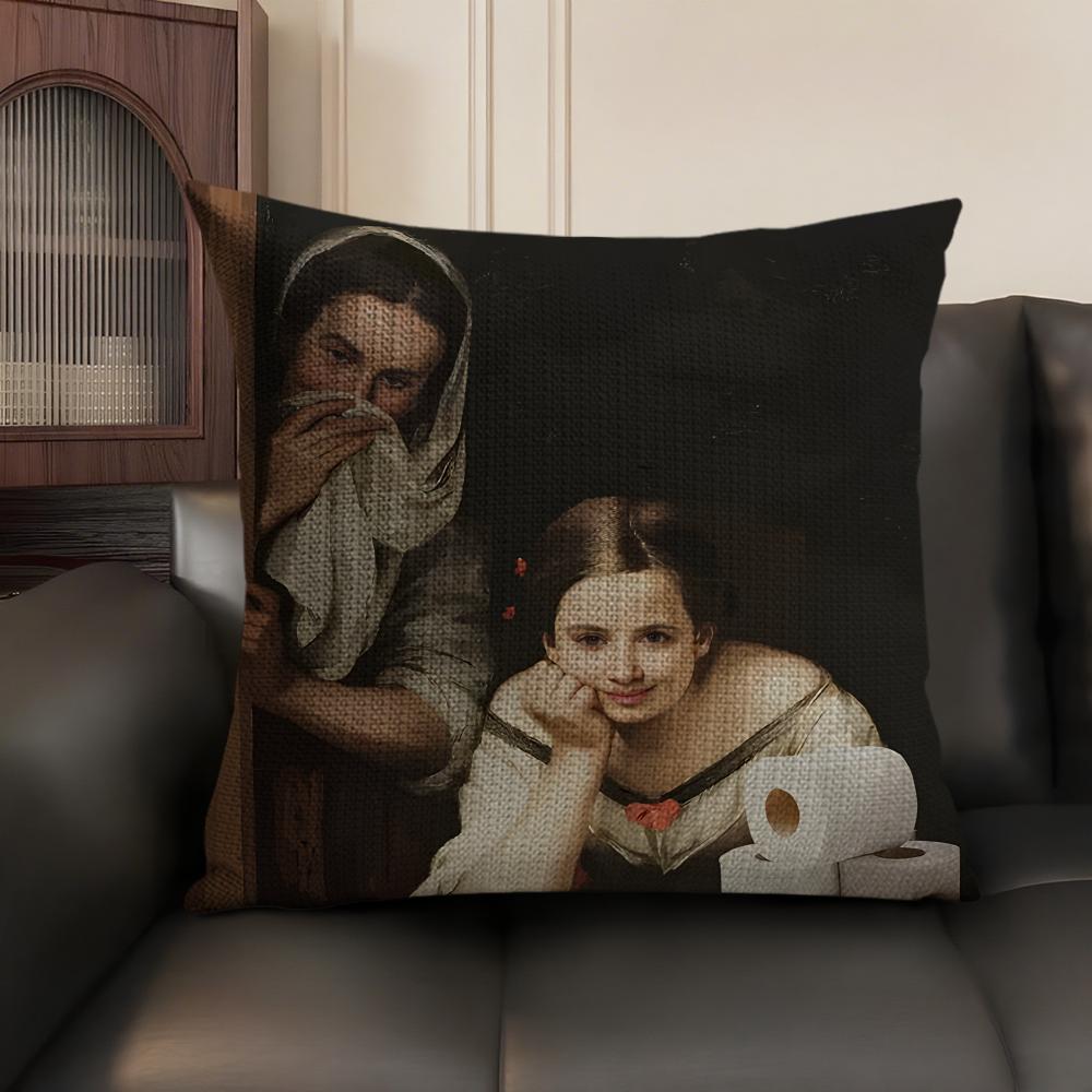 Copricuscino Mona Lisa con Perle Ragazza Lino Naturale Tessuto Biologico Stampa Double-Sided Divano Decorazione Casa Federa Regalo