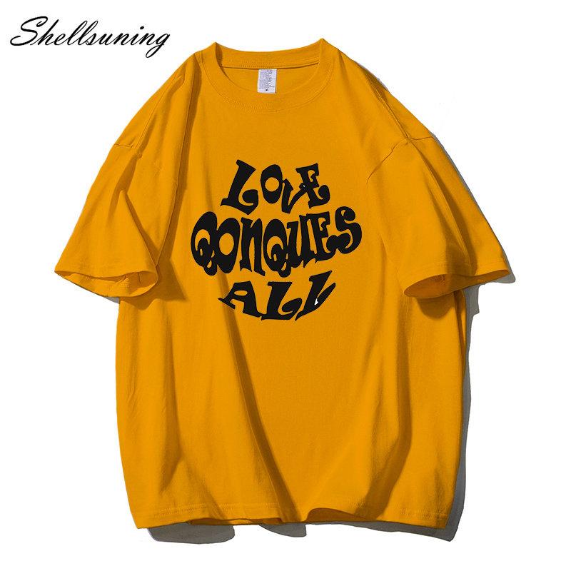 Shellsuning Oversized Letter Graphic T Shirts Men Summer Soft 100% Cotton Short Sleeve Tees Female Trendy Loose High Street Tops