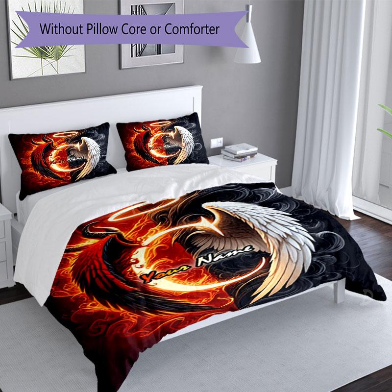 3pcs Custom Name Angel Demon Wings Bedding Set Printed Bedding Set Duvet Cover Closure Includes 1 Duvet Cover & 2 Pillowcases Bedroom Decor