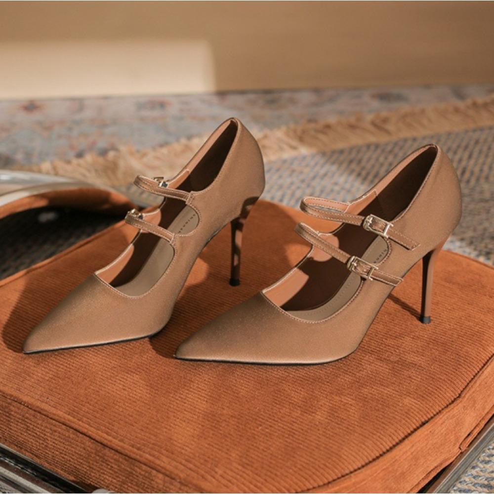 High Heels Women's Autumn and Summer Thin Heels Pointed Buckle High Heel Pumps New Retro Double Row One-word Belt Women's Shoes