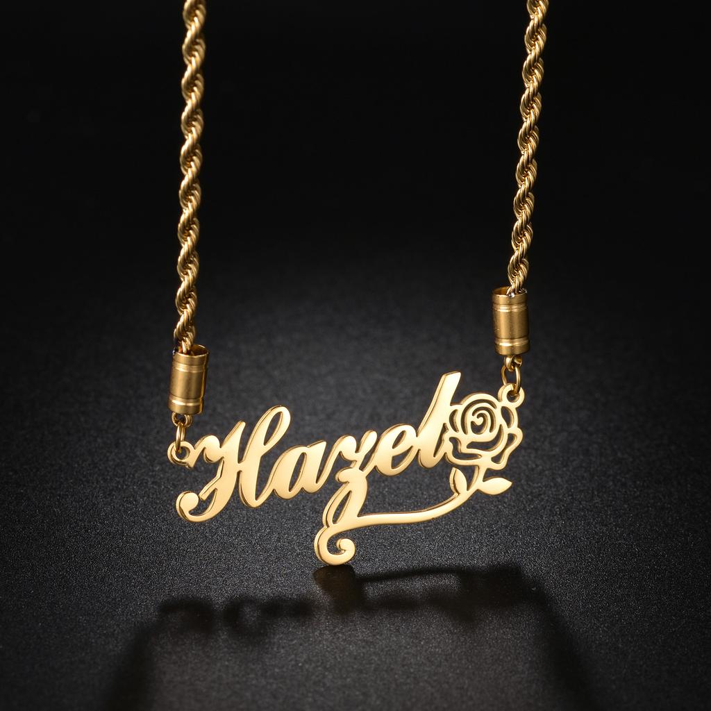Atoztide Personalized Custom Name Necklaces for Women Stainless Steel Twist Chain Flower Nameplate Pendant Birthday Jewelry Gift