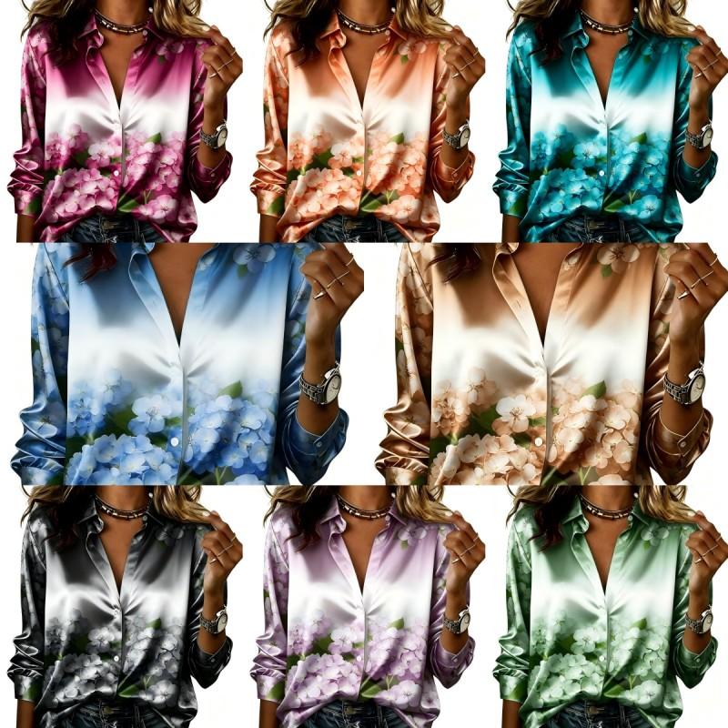 Women Satin Long Sleeve Shirt Gradient Floral Print Blouse Lapel Single Breasted Elegant Loose Office Tops