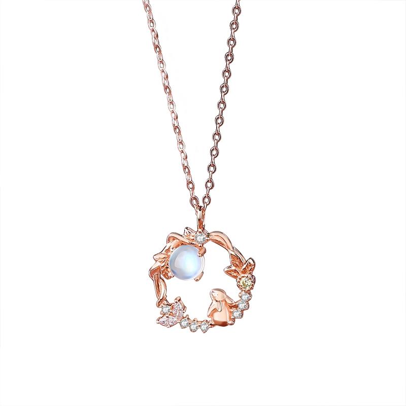 Rabbit Pendant Necklace Fresh and Sweet Zodiac Rabbit Moonstone Collarbone Chain Women's Light Luxury Gift Jewelry Accessories